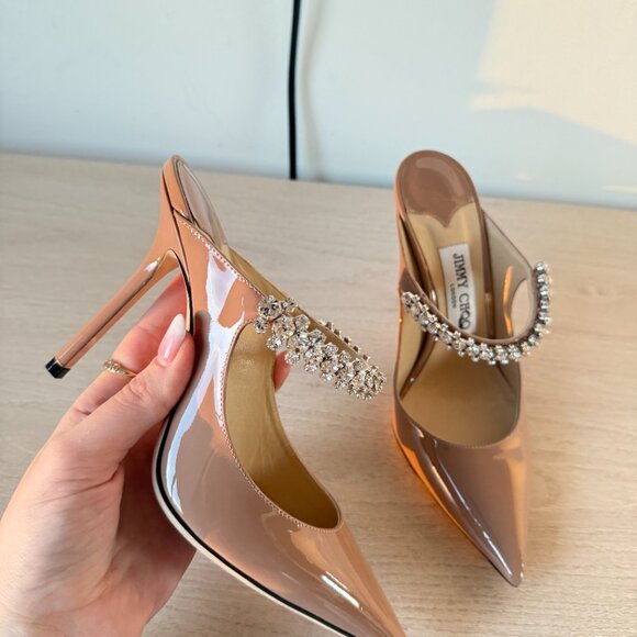 Jimmy Choo Bing 100 Mules Nude Patent Leather Crystal Embellished Pointed Toe - Picture 5 of 11